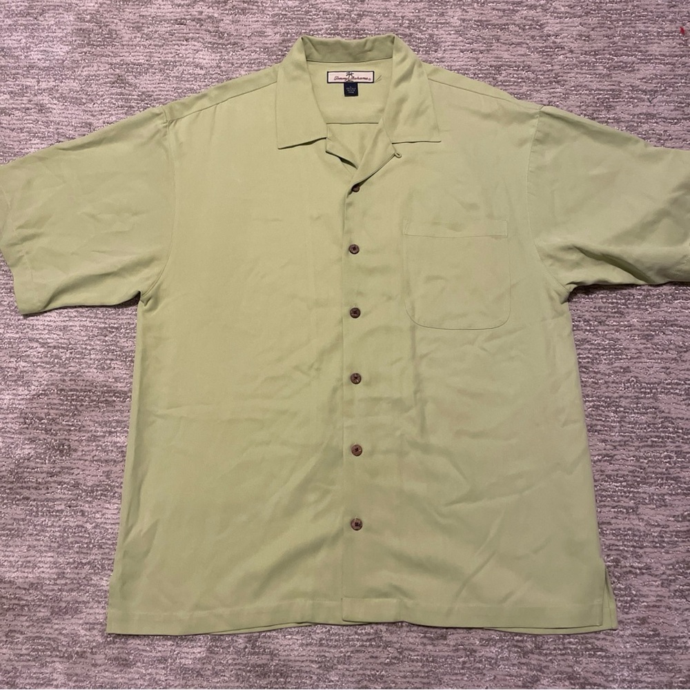 Tommy Bahama Shirt Green 100% Silk Short Sleeve Button Front Mens Large Relax